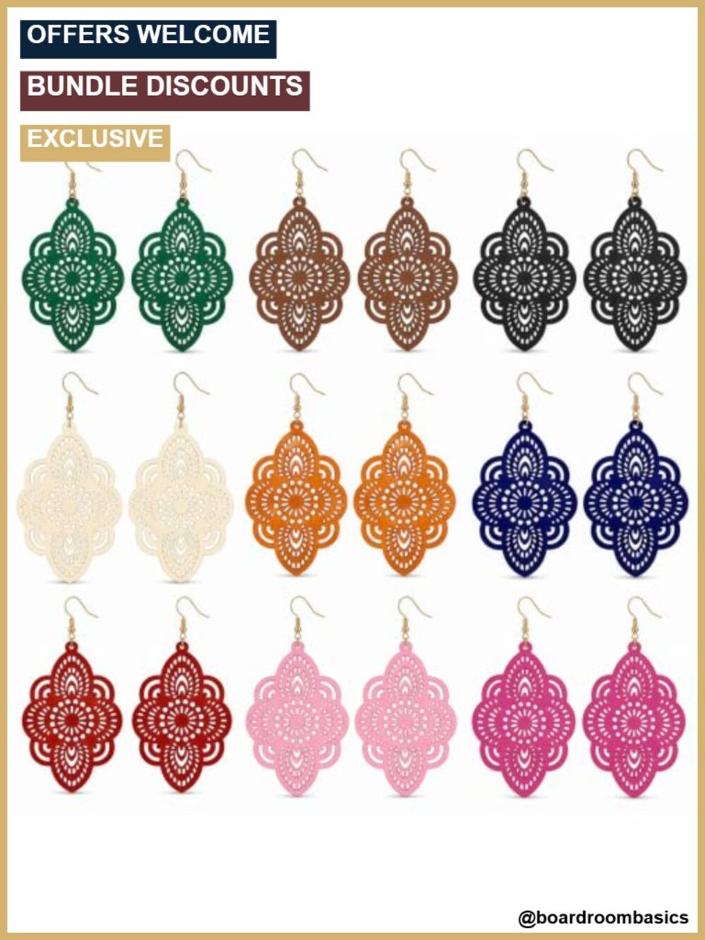 Boho Wooden Dangle Drop Earrings Lightweight Geometric Filigree Tiered Disc